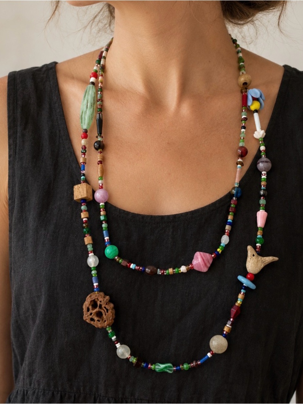Vintage Artisan Collector Bead Necklace Handblown Glass Wood Clay Carved Bird Ex
